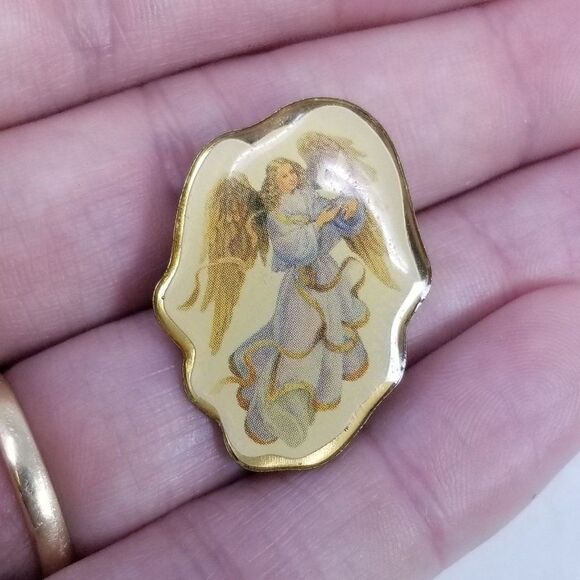 Vintage Guardian Angel Lapel Pin, Woman with Wings in Blue Dress Holding Dove - Picture 3 of 5
